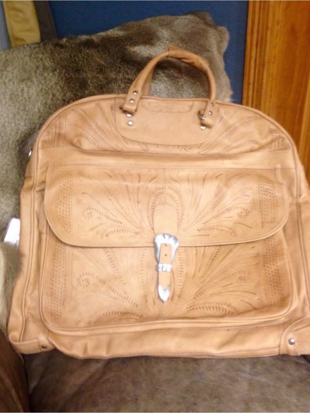 Tooled Leather garment bag , 23L x 21H x 4w , natural
